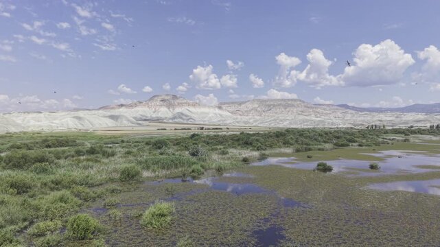 Drone Footage of Nallihan Bird Sanctuary and Rainbow Hills in Ankara Turkey Showing Wetlands and Colorful Geological Landscape