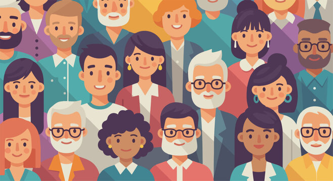 Diverse people community vector illustration, multicultural crowd of smiling men and women avatars, inclusive society and social group concept