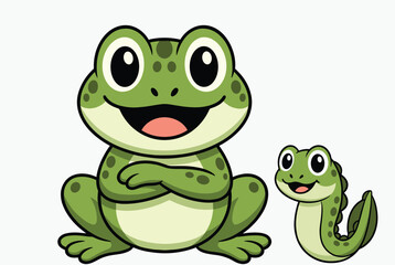 Fototapeta premium Playful cartoon illustration showing a large green adult frog standing with crossed arms beside a small smiling young tadpole frog.