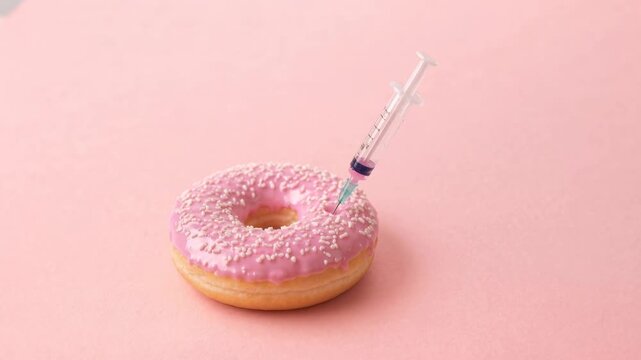 Sweet indulgence meets medical intervention with a syringe in a donut. A close-up shot shows a pink frosted donut with white sprinkles being injected with a syringe
