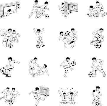Glyph soccer illustrations featuring goalkeeper saves, player duels, goals, celebrations, defeats, victories, tactical plays, teamwork, training, and goalkeeper positions. 

