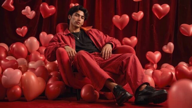 Young man in red outfit surrounded by heart balloons for Valentine's Day celebration. A stylish young man sits amidst a sea of red and pink heart-shaped balloons