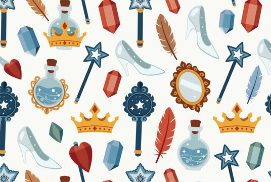 Magical fairytale pattern featuring enchanted items like golden wands, crowns, glass slippers, magic mirrors, and sparkling potions.
