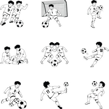 Glyph soccer illustrations featuring competitive matches, warmups, recovery, passing, counterattacks, volleys, chest control, midfield duels, defensive blocks, and running players. 

