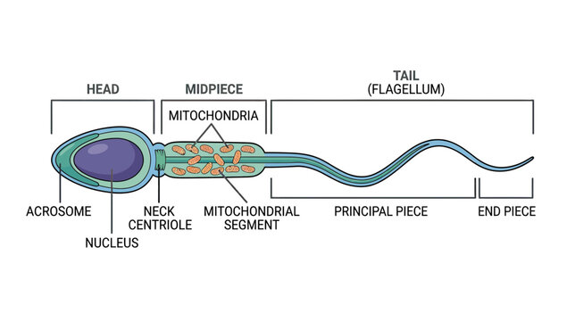 Sperm Cell Anatomy Diagram: Head, Midpiece, Tail (Flagellum) with Labels