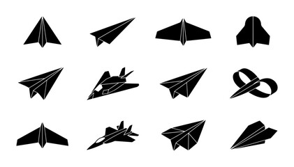 Paper Airplanes and Jet Icons Set, Black Vector Graphics for Aviation and Travel Themes, Simple Origami and Fighter Jet Designs © Mim