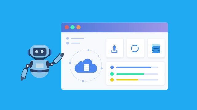 Flat vector illustration of a robot assistant beside a cloud synchronization dashboard with cloud, download, refresh, and folder icons, representing cloud management and workflow automation.