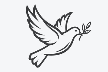 Fototapeta premium Simple black line drawing of flying peace dove with olive branch in its beak on plain white background for icon.