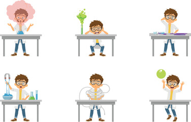 Fototapeta premium Funny Mad Scientist Boy Character Vector Set Doing Chemistry Experiments Failures Disasters and Messy Explosions in School Laboratory for Kids Education
