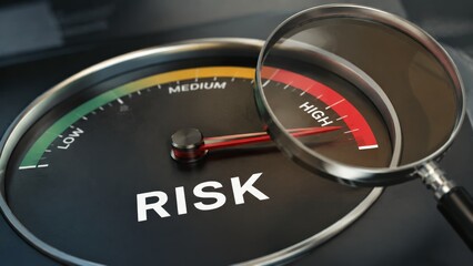 Naklejka premium Macro shot of a dashboard risk gauge with a red needle pointing to high through a magnifying glass on a dark surface with green to red gradient scale, underscoring the high risk