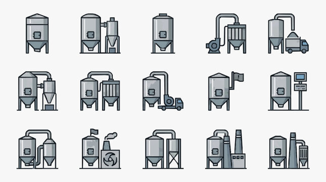 Modern Gray Scale Illustrated Icons of Industrial Grain Processing and Brewing Equipment Set with high quality professional line art symbols for modern creative design and digital branding projects