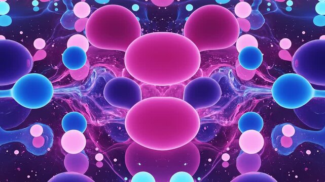 Neon hued spheres and amoeba shapes floating in mysterious universe Conceptual image for science technology or energy.