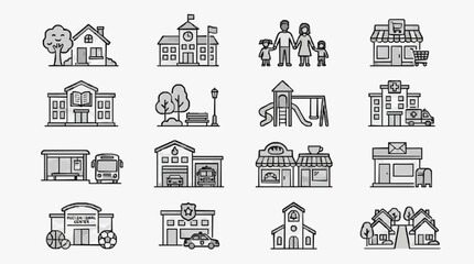 Modern Black and White Line Set of Community and Urban Life Icons Featuring Homes Schools Shops and Services © Sriu