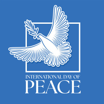 International day of peace - White and blue line birds of peace flying out of white frame on blue background vector design