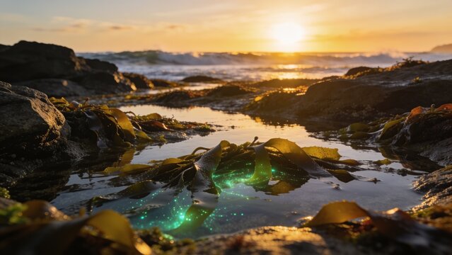 Golden sunset illuminates a rocky tide pool where bioluminescent green light glows beneath floating kelp, perfect for wellness and meditation content.