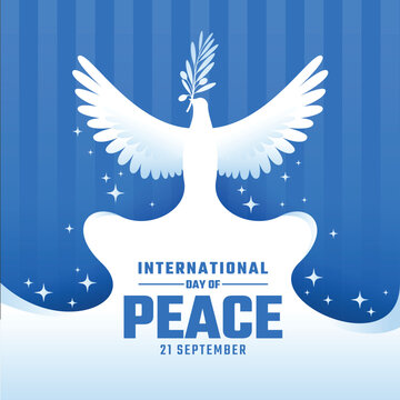 International day of peace - White birds of peace flying up with long tail waving on blue pattern background vector design