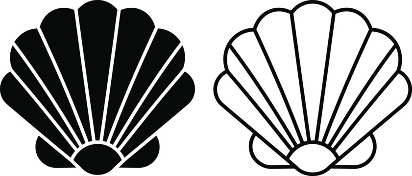 seashell scallop shell silhouette and outline line art vector graphic element isolated on white background
