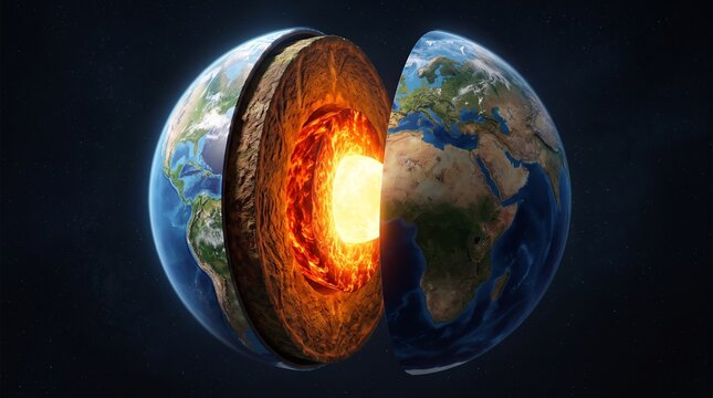 Planet Earth split open in space revealing a detailed cross section of its glowing hot inner core and mantle.