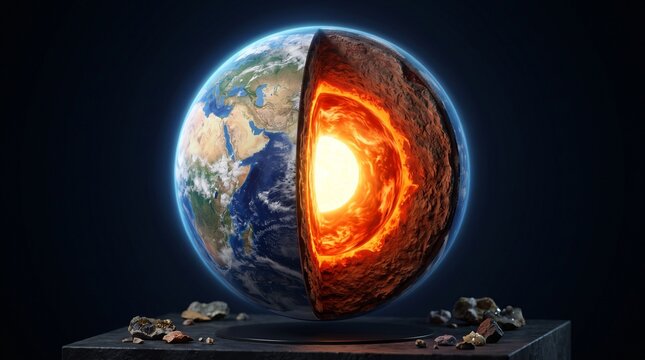 Cross section model of planet Earth on a dark pedestal showing the glowing bright hot inner core and mantle layers.