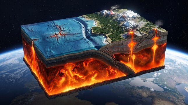 3D Earth cross section showing tectonic plate subduction zone oceanic trench mid ocean ridge volcanic magma chamber crust and mantle.