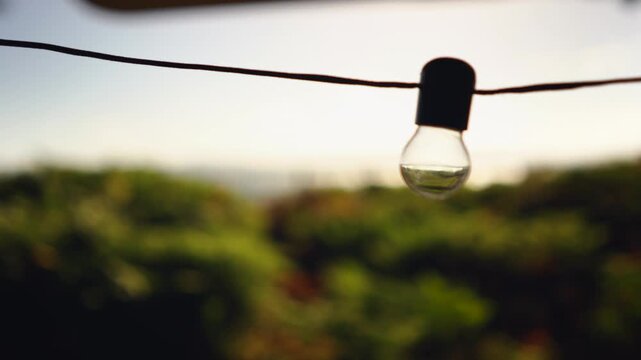 Van Life POV &ndash;String Light Bulb Close-Up of Looking Out Campervan Window at Ferns and Sparkling Sea