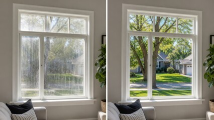 Fototapeta premium Streaky and crystal clear window glass comparison with bright daylight