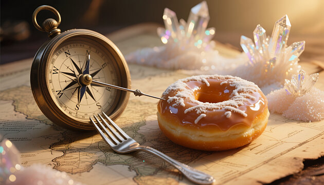 Glazed donut with fork next to vintage compass on old map  
