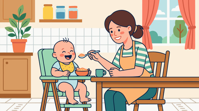 Loving mother in apron spoon-feeding healthy porridge to happy giggling baby in high chair at cozy kitchen table with jars, potted plant, and sunny window, warm family bonding and childcare moment in