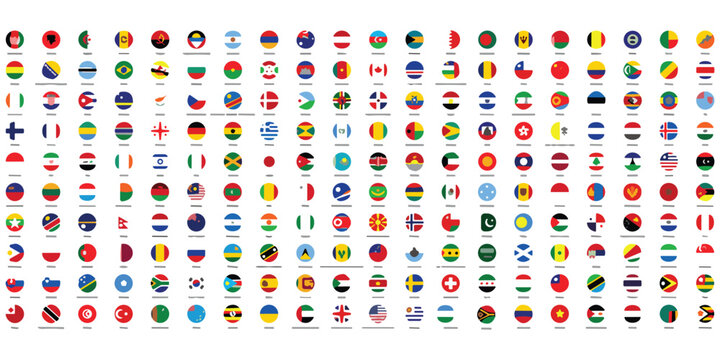 Global flags collection in circular icons, international diversity, patriotic national symbols, colorful world representation flat vector illustration