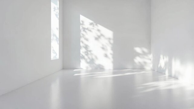 Sunlight casting tree branch shadows on the wall of a clean, empty room with a window