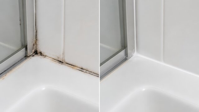 Moldy silicone seal and fresh white caulk contrast in bathroom detail