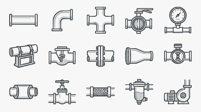 Sleek Monochromatic Line Drawing Collection of Various Plumbing Fixtures and Valves in Gray Scale