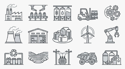 Corporate Industrial Manufacturing and Energy Production Icons Set Minimalist Gray Line Art Collection © Untung