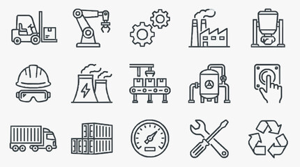 Fototapeta premium Creative Black and White Line Icons Set Featuring Industrial Machinery Safety Gear Logistics and Recycling Symbols
