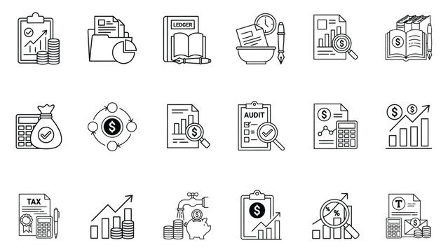 Finance and Accounting Icons Featuring Budget Planning Financial Reporting Tax Management and Investment Analysis Symbols