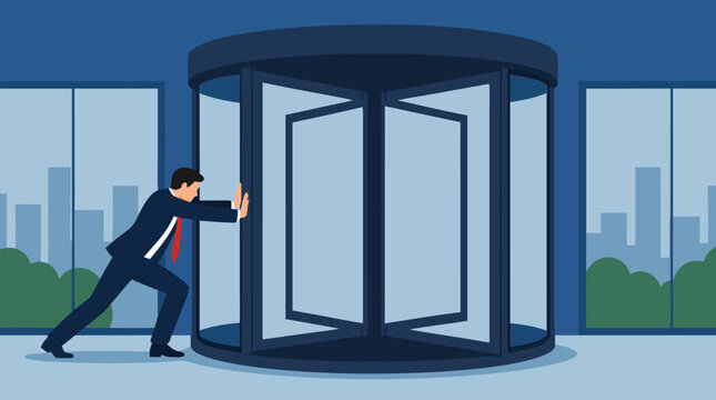 Frustrated businessman pushing a massive revolving glass door that never opens, corporate obstacle metaphor, burnout loop and career stagnation in sleek vector office scene for workplace challenges