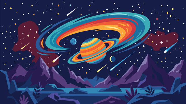 Vibrant cosmic starfield with ringed planet, swirling nebula, meteors and alien mountain lake, colorful deep space vector background for astronomy, science fiction posters and celestial art
