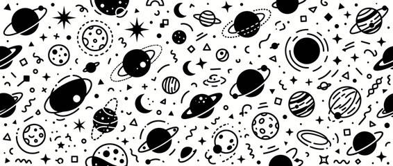 Seamless space doodle pattern with planets stars and moons © nero
