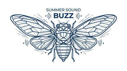 Stylized cicada insect with geometric wings and summer sound text © nero