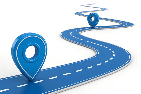 Winding Road Map, Blue Location Pins, GPS Navigation Route, Curvy Road Pins, Travel Location Marker
