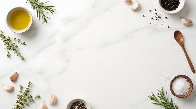 Professional marble kitchen background with olive oil herbs and spices for food design.