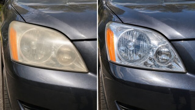 Yellowed car headlight restored to clear polished lens