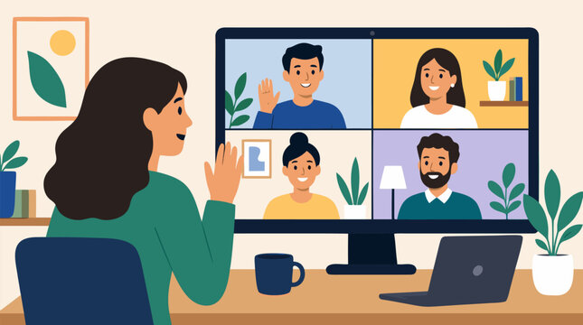 Remote worker waving to colleagues on video conference screen in cozy home office, modern virtual meeting vector illustration with laptop, plants, teamwork, hybrid collaboration and friendly faces