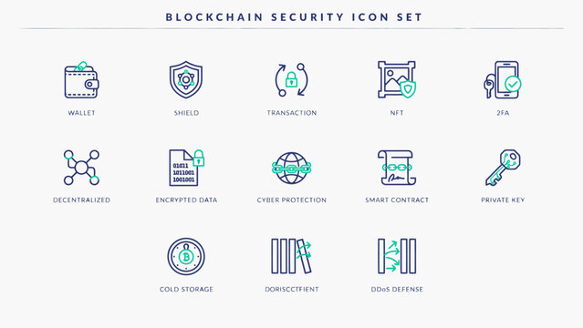 Blockchain Security Icon Set Flat Vector Illustration With Wallet Shield And Transaction Icons set design digital cryptocurrency wallet shield
