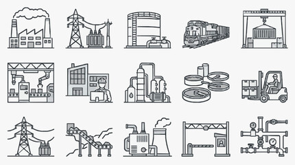Obraz premium Clean Black and White Line Drawing Icons Set of Industrial and Manufacturing Equipment and Facilities