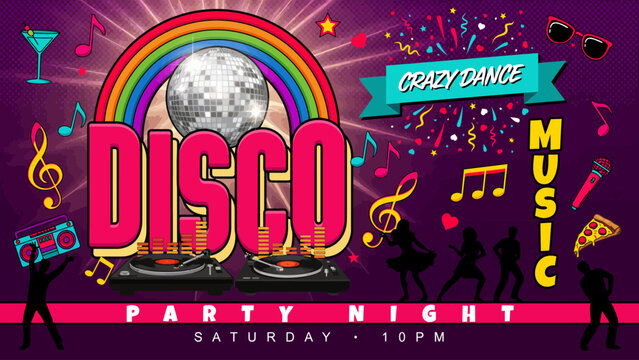 A vibrant disco themed illustration featuring a rainbow arc turntable and dancing silhouettes discotheque dance party nightlife music retro