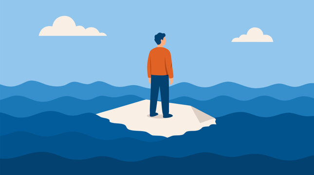 Isolated man standing on a shrinking paper island amid rising blue waves, minimalist vector metaphor for climate risk, debt pressure, uncertainty, crisis, resilience and survival at sea