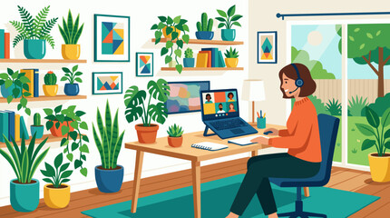 Fototapeta premium Remote professional woman on a video call in a bright plant filled home office, laptop meeting at wooden desk with lush houseplants, shelves, sunny window, cozy modern vector workspace