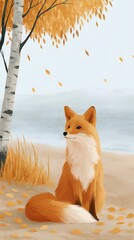 Fototapeta premium Cute fox resting in autumn leaves near birch tree by water