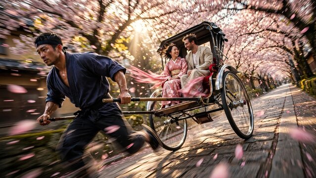 Fast motion blur of a strong man pulling a traditional rickshaw with a happy couple through a beautiful cobblestone street lined with blooming cherry blossoms during spring in Japan